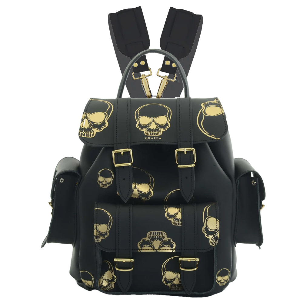 black leather backpack gold cross keeva HARI II GOLD SKULLS