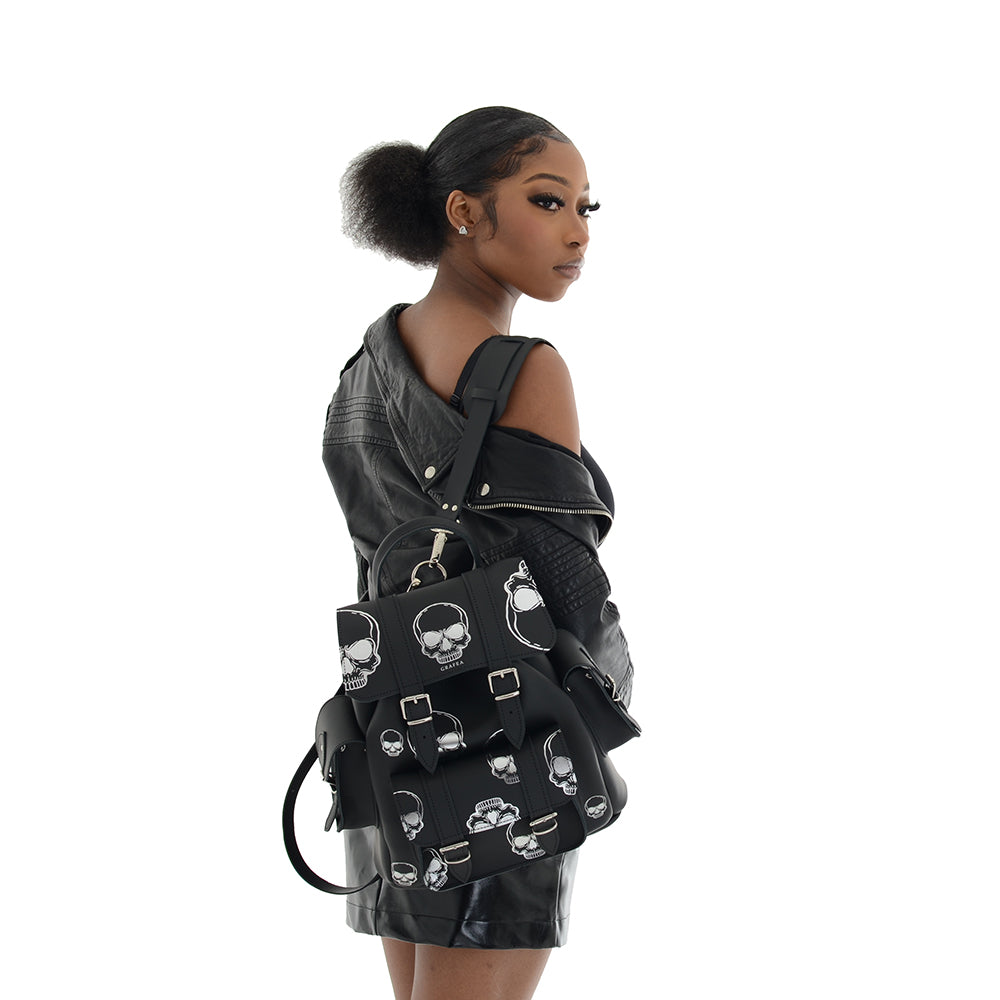black and silver leather backpack HOOK & ALBERT Silver pony hair with Ebony Black leather details Y2k Unique Metal Cross Backpack