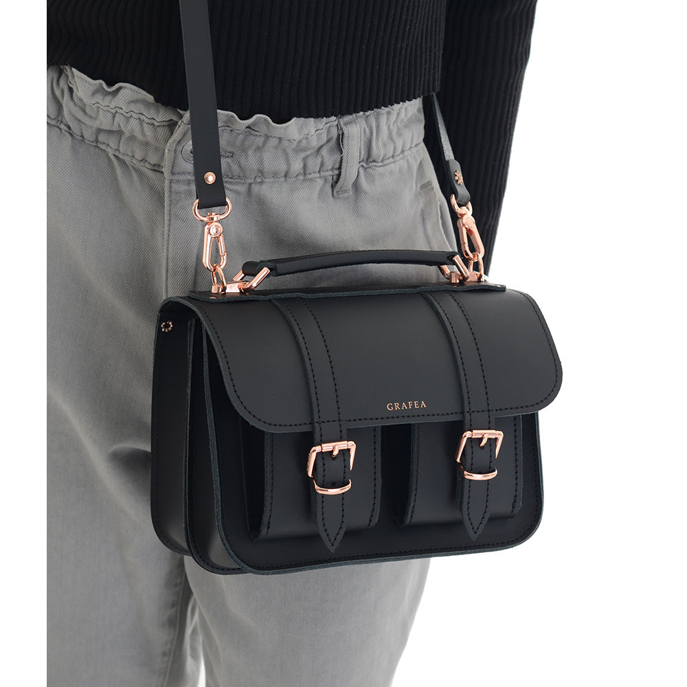 MICRO DOUBLE BLACK ROSE GOLD - Mini Leather Satchel – GRAFEA