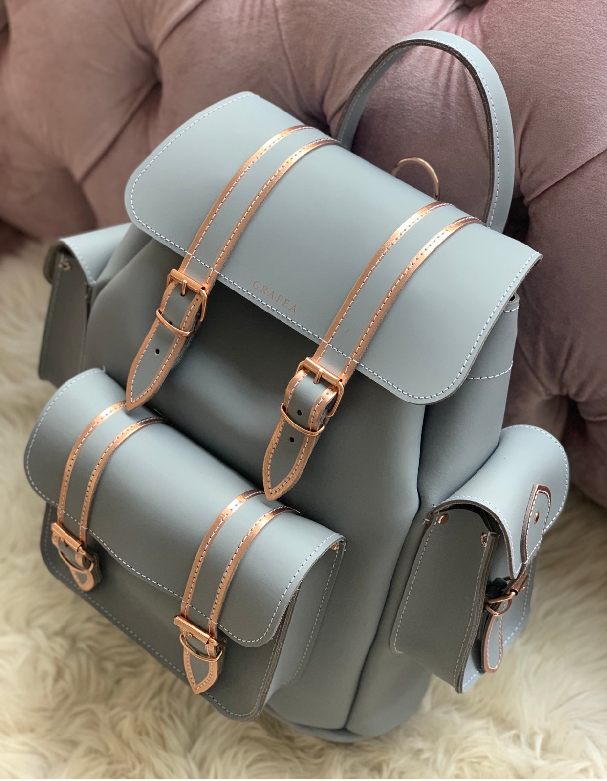 HARI II GREY AND ROSE GOLD- Leather Backpack – GRAFEA