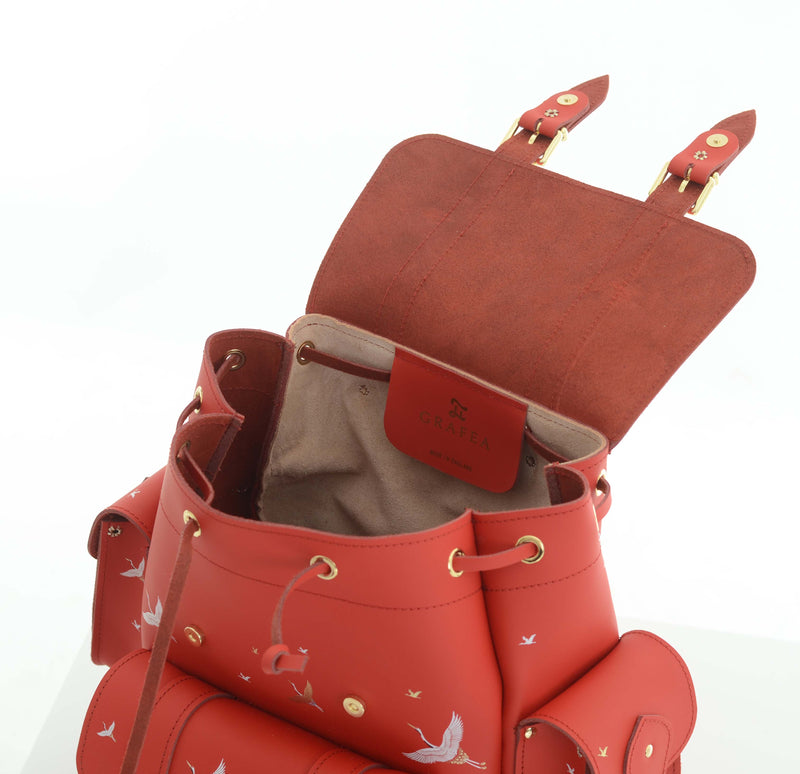 HARI II CRANES RED - Leather Backpack – GRAFEA