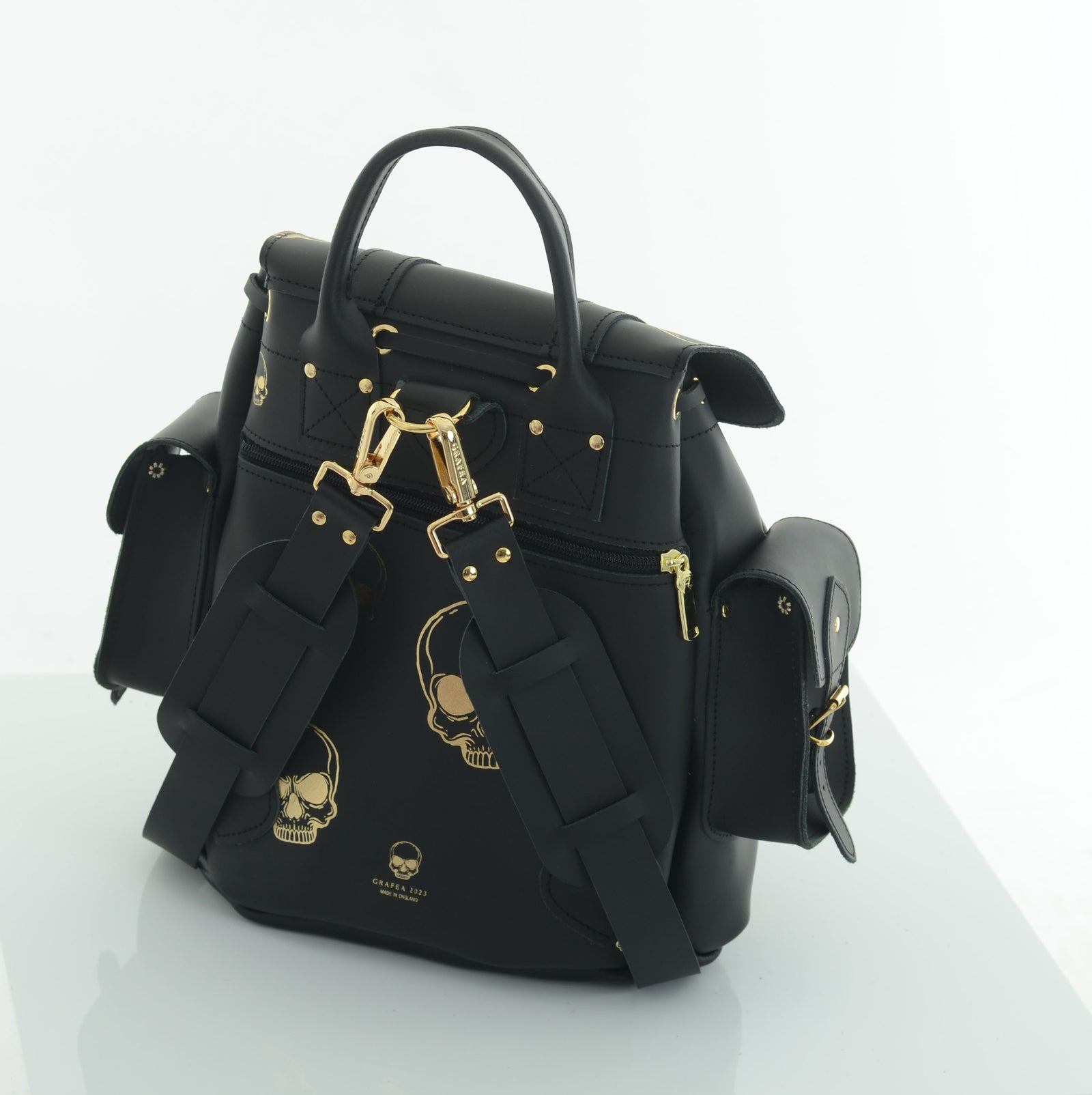 black leather backpack gold cross HARI II GOLD SKULLS