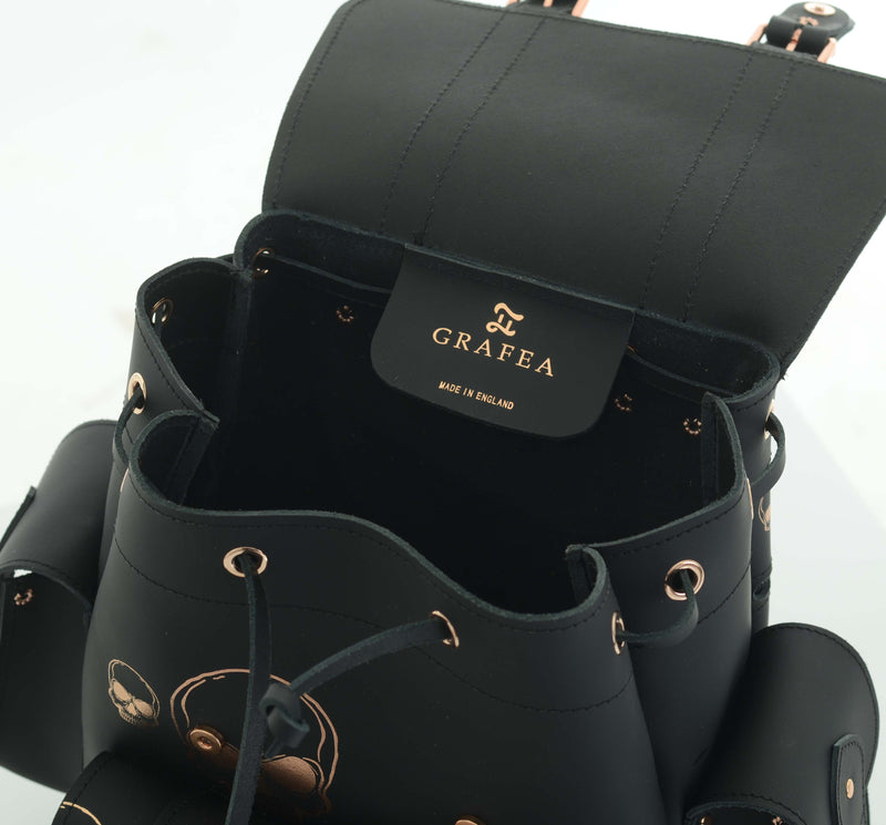 black leather backpack with rose gold zippers HARI II ROSE GOLD SKULLS