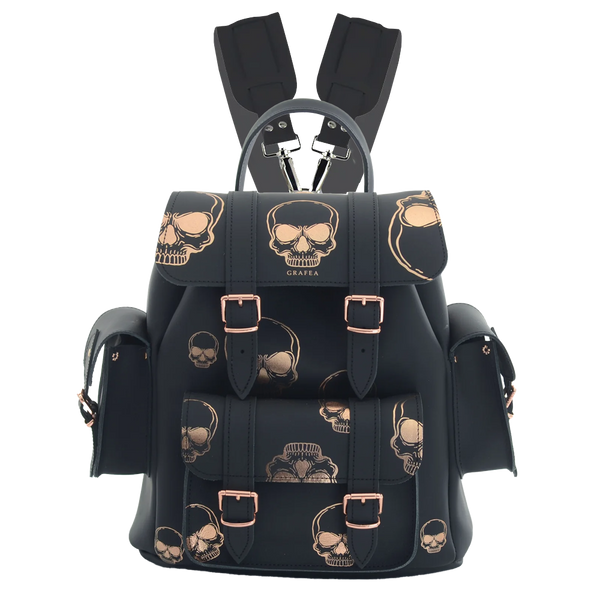 black leather skull backpack purse HARI II ROSE GOLD SKULLS
