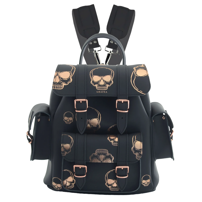 black gold leather backpack HARI II ROSE GOLD SKULLS
