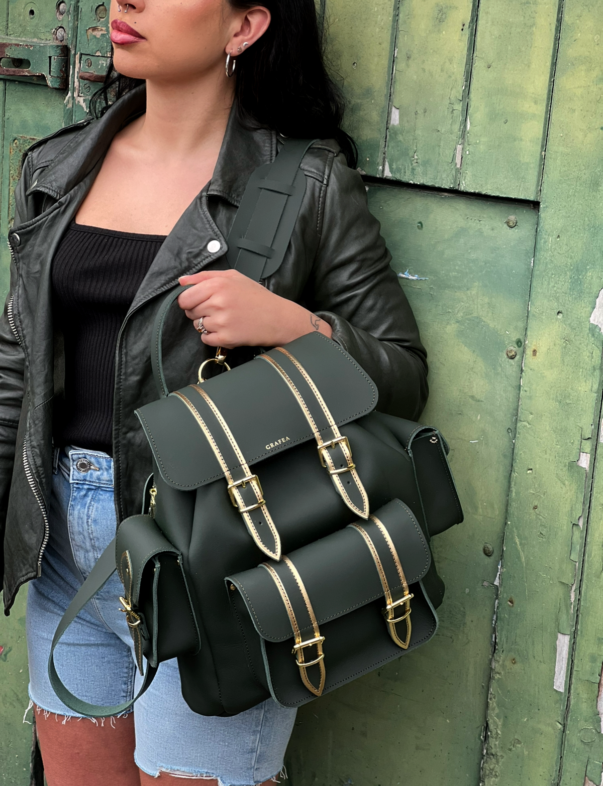 Grafea London Hari Atlas Leather Green Rucksack Large Backpack  
Silver Hardware HARI II GREEN GOLD - Leather Backpack – GRAFEA main image 4