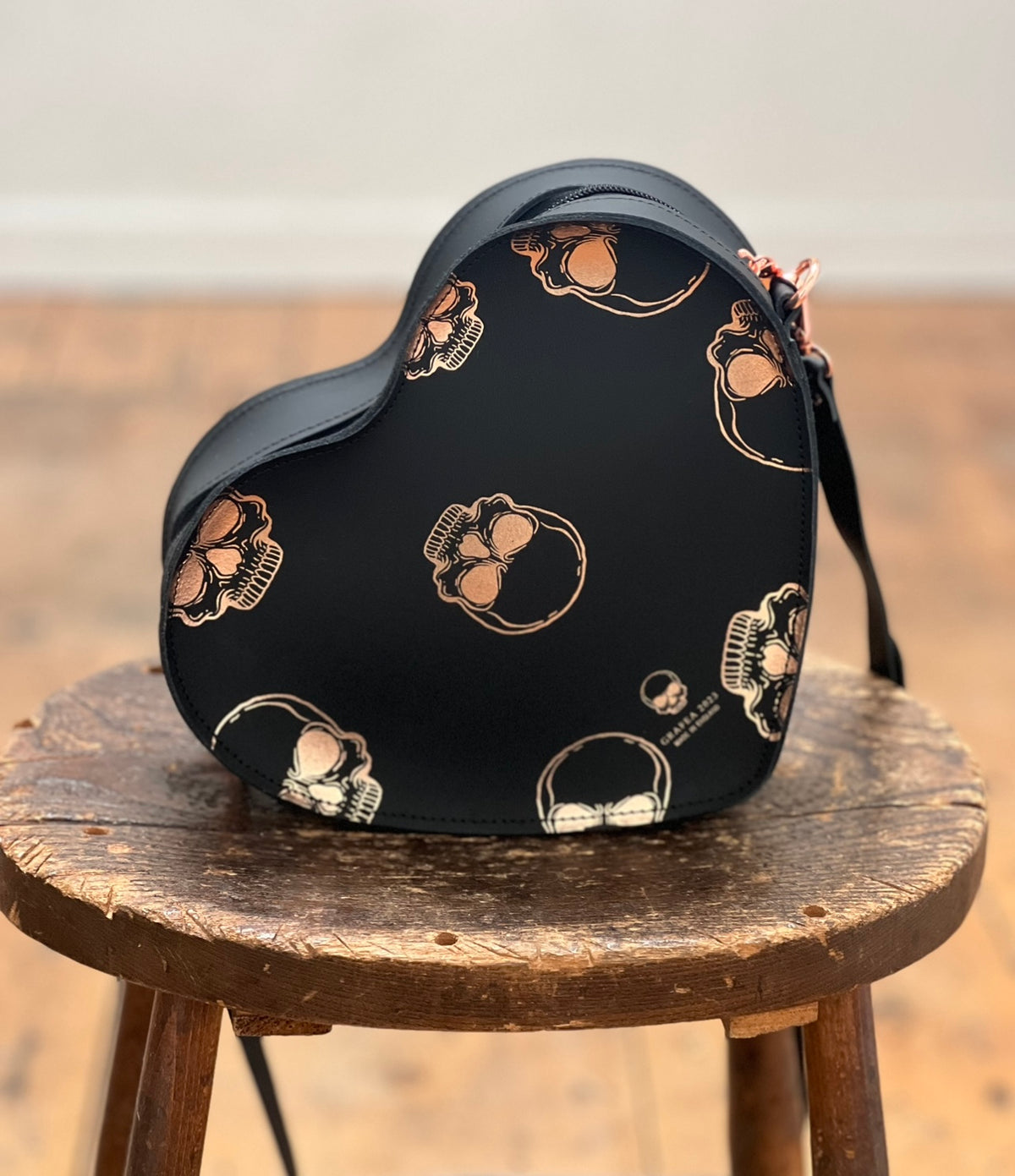 HEART SATCHEL ROSE GOLD SKULLS - Mini heart Satchel – GRAFEA