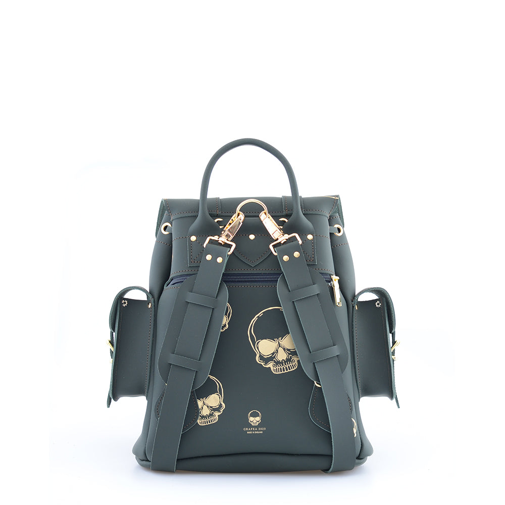 HARI II DARK GREEN GOLD SKULLS - Leather Backpack – GRAFEA