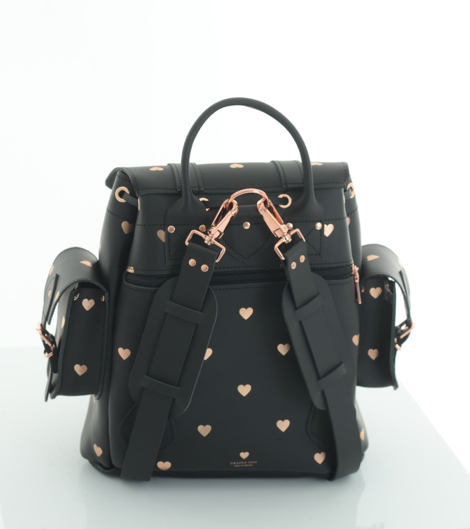 black faux leather backpack rose gold HARI II ROSE GOLD HEARTS