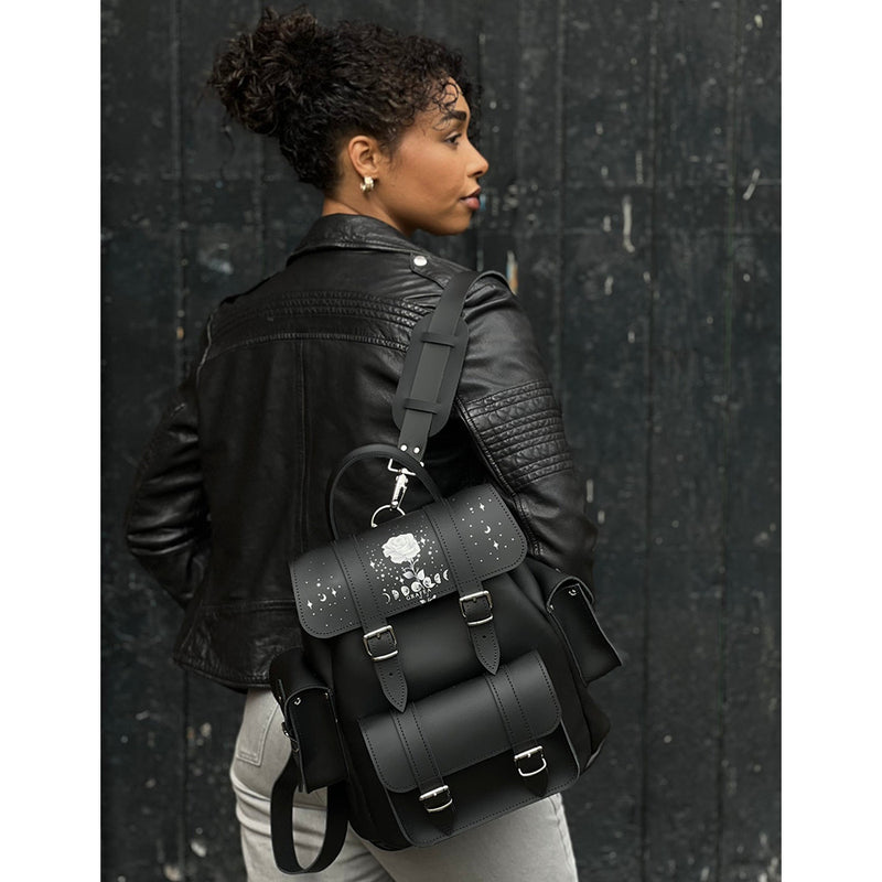 black mini backpack with rose HARI II WHITE ROSE MOON- Leather Backpack – GRAFEA