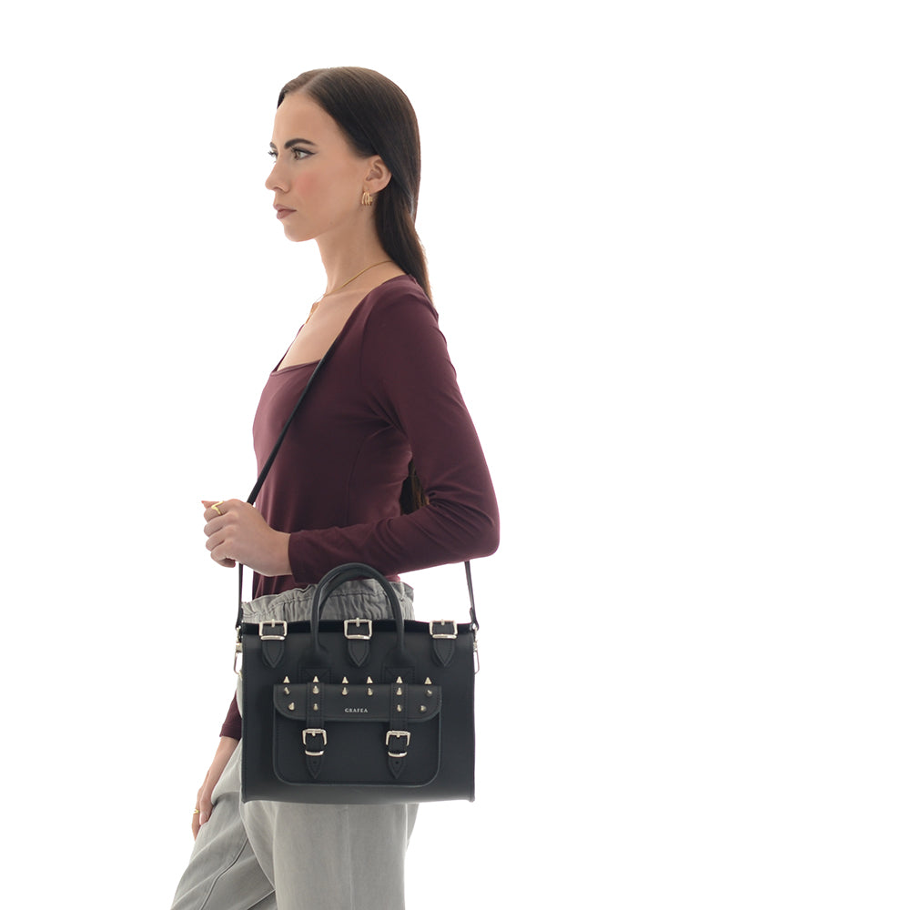 LUNA SPIKEY BLACK - Womens Leather Shoulder Bag – GRAFEA LUNA SPIKEY BLACK - Womens Leather Shoulder Bag – GRAFEA