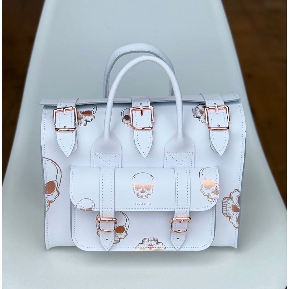 LUNA WHITE ROSE GOLD SKULLS- Womens Leather Shoulder Bag – GRAFEA