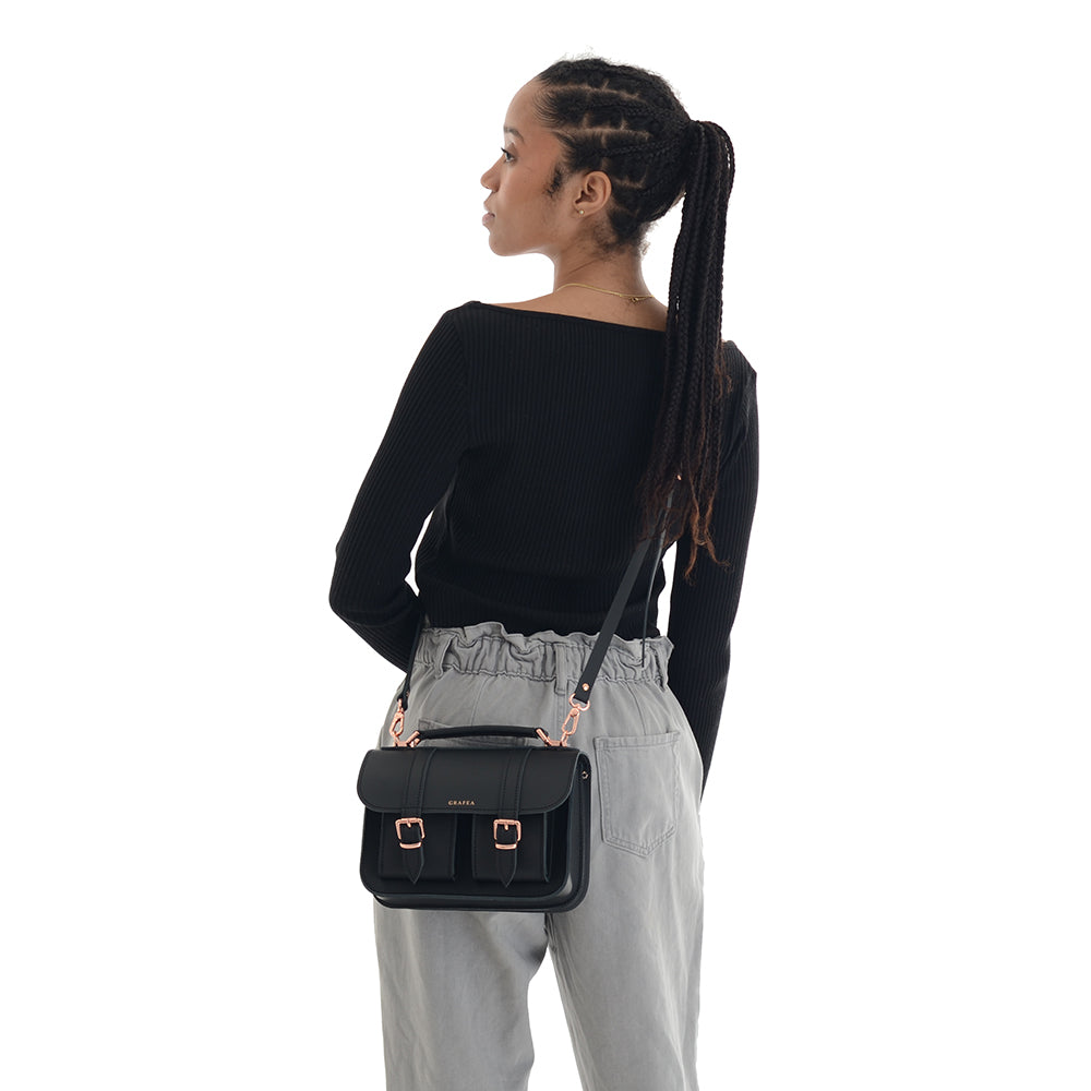 MICRO DOUBLE BLACK ROSE GOLD - Mini Leather Satchel – GRAFEA