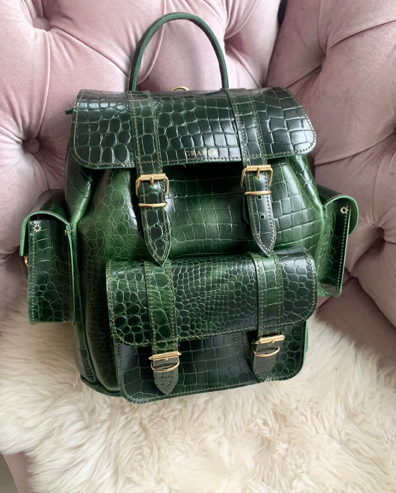 Women GREEN Dual Handle Croco Crocodile PURSE BAG BAGS