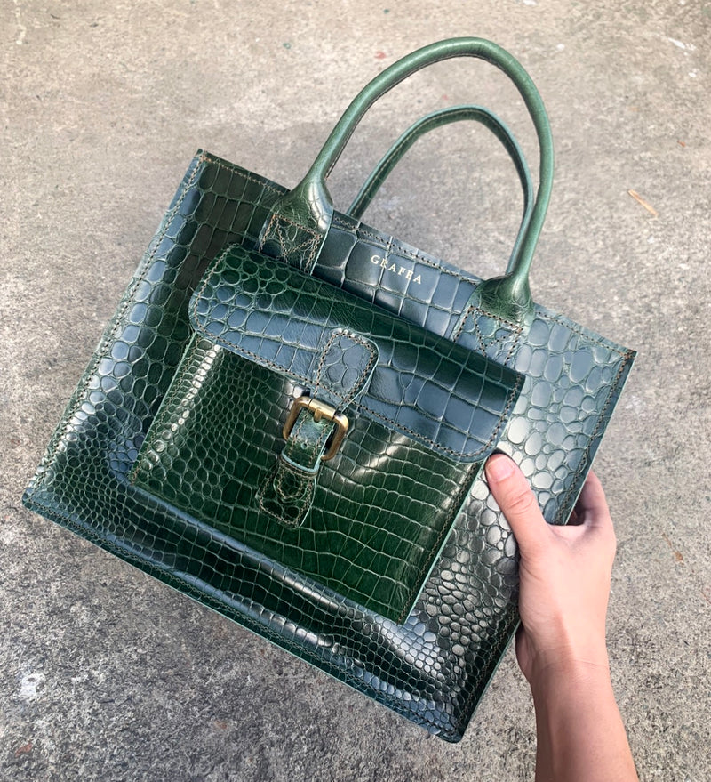 Dark green croc hot sale embossed tote bag