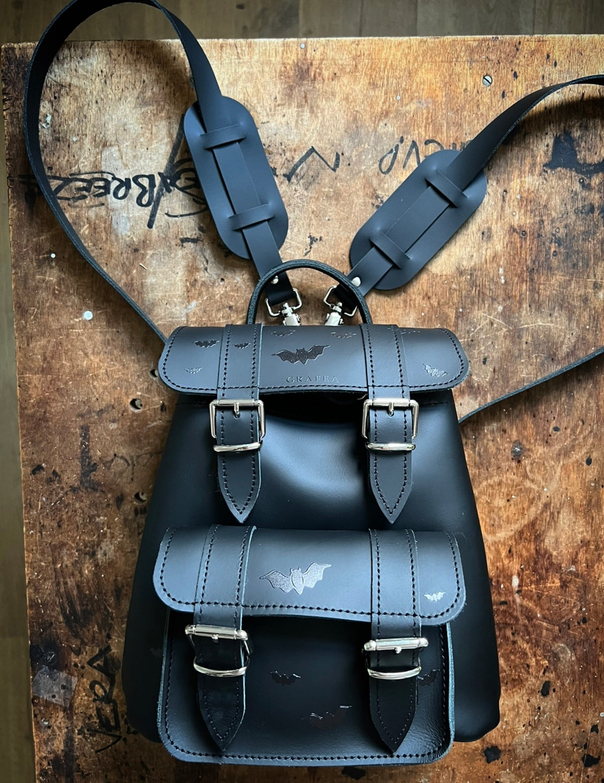 Grafea Baby II Bats Backpack Small Black BABY II BATS- Small Leather Backpack – GRAFEA main image 3