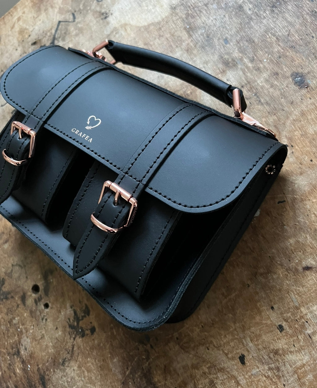 MICRO ROSE GOLD HEART Mini Leather Satchel GRAFEA
